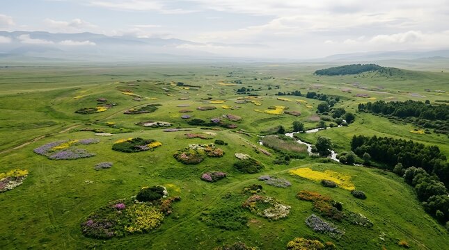 Stunning Aerial View of Lush Green Rolling Hills with Colorful Flower Patches and a Scenic River Landscape Panorama