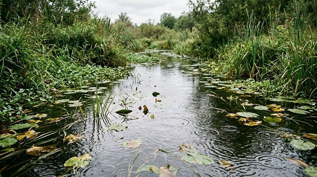 Tranquil narrow stream with floating lily pads and rain ripples on surface amidst dense green reeds and forest trees