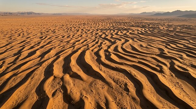 Breathtaking Aerial View of Vast Golden Sand Dunes with Rippling Texture and Distant Mountains in Sunset Light