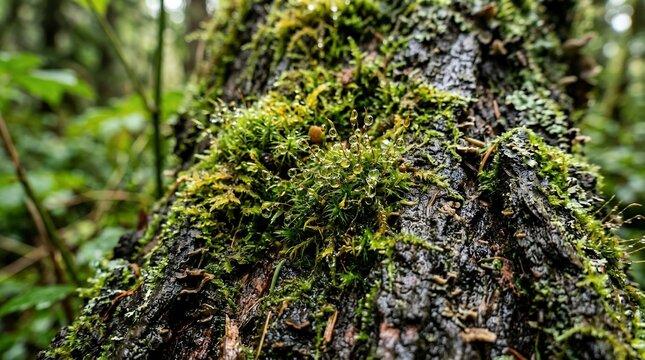 Macro Shot of Vibrant Green Moss with Sparkling Dew Water Droplets on a Wet Dark Tree Trunk in a Lush Forest Background