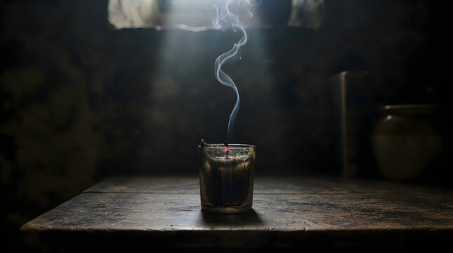 Burning incense stick in a small glass jar emitting smoke curls on a dark wooden table with smoke stream wooden surface moody lighting ritual item spiritual object