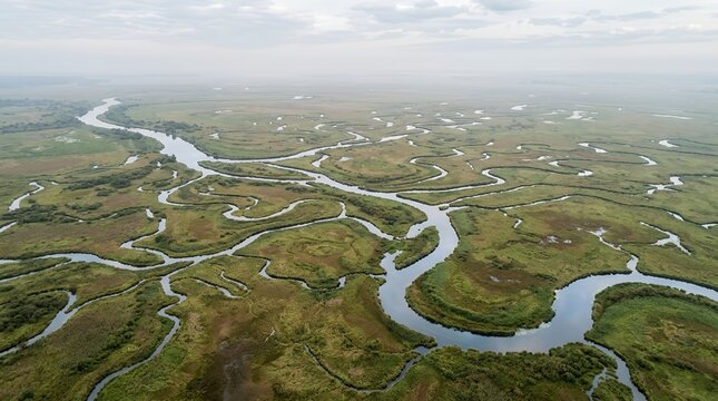 Aerial View of Winding River Meanders Through Lush Green Wetlands and Marshland Under an Overcast Sky Background