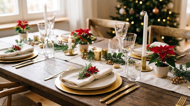 Elegant Christmas Dinner Table Setting with Poinsettias and Gold Accents