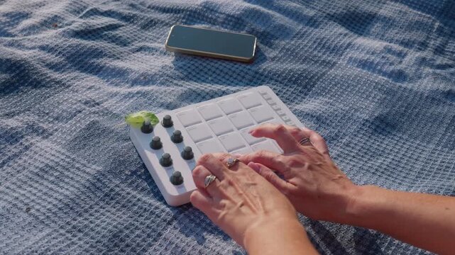 A woman hands play a white portable MIDI drum pad controller on a blue picnic blanket outdoors. Concept of outdoor beatmaking, electronic music production, and modern creative lifestyle.