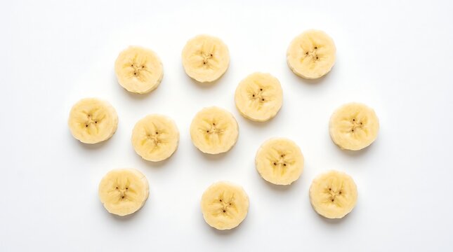 Sliced bananas arranged in a pattern on a white background