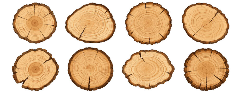 Wood stump cross sections with growth rings and natural cracks, round tree trunk slices showing grain texture, rustic timber cut surfaces collection, vector illustration