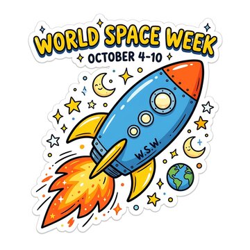 Colorful doodle rocket celebrating world space week october 4th through 10th