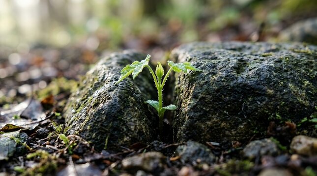 Small Green Sprout Growing Between Hard Stones with Morning Dew Drops Representing Resilience and New Life in Nature