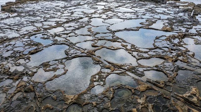 Stunning natural rock formations with circular tide pools reflecting the cloudy blue sky on a rugged coastal beach.