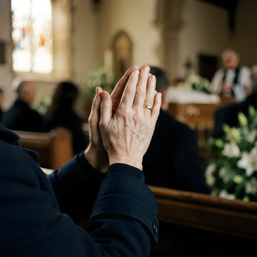 Person praying with clasped hands during a religious service inside a traditional church religious ceremony spiritual religion gathering community tradition
