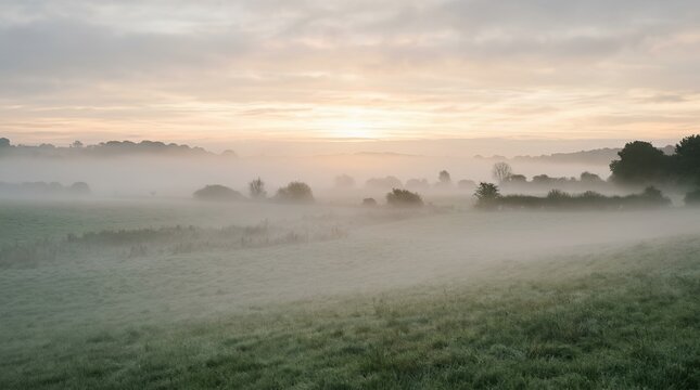 Serene Sunrise Over Misty Green Fields with Dense Morning Fog Rolling Across the Rural Countryside Landscape