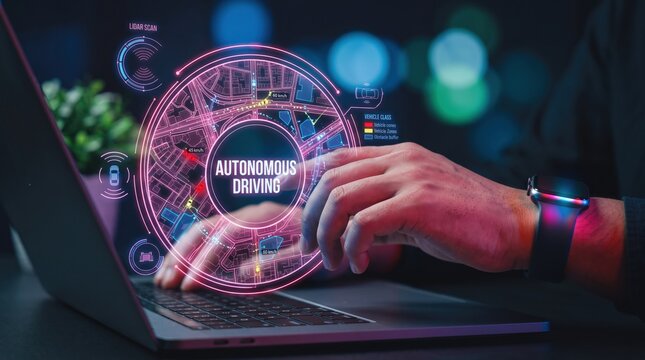 Person engaging with advanced autonomous driving software on a laptop, illustrating the future of smart transportation and AI-powered vehicle technology