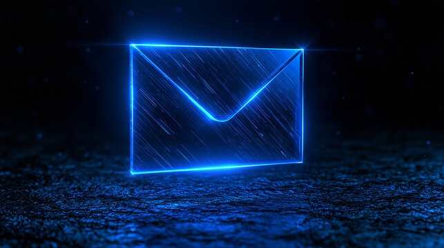 A glowing blue neon envelope icon floating above a dark textured surface. This digital message concept is ideal for email marketing and communication campaigns.