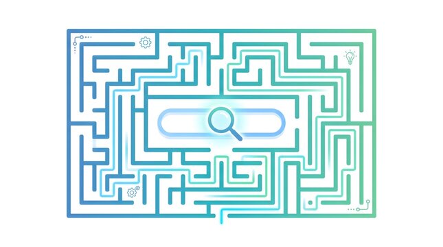 Minimalist maze design incorporates a search icon at its center, blending abstract geometry with digital exploration.