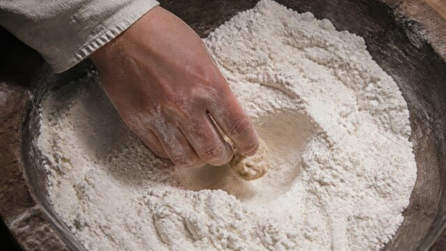 Woman kneading dough in flour, illustrating the parable of yeast and the transformative growth of Gods kingdom from Luke 13:18&ndash;27. Biblical faith concept.