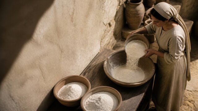 Woman pouring flour into a bowl beside three measures of flour. Biblical parable of leaven illustrating the hidden growth of the Kingdom of God in Luke 13.
