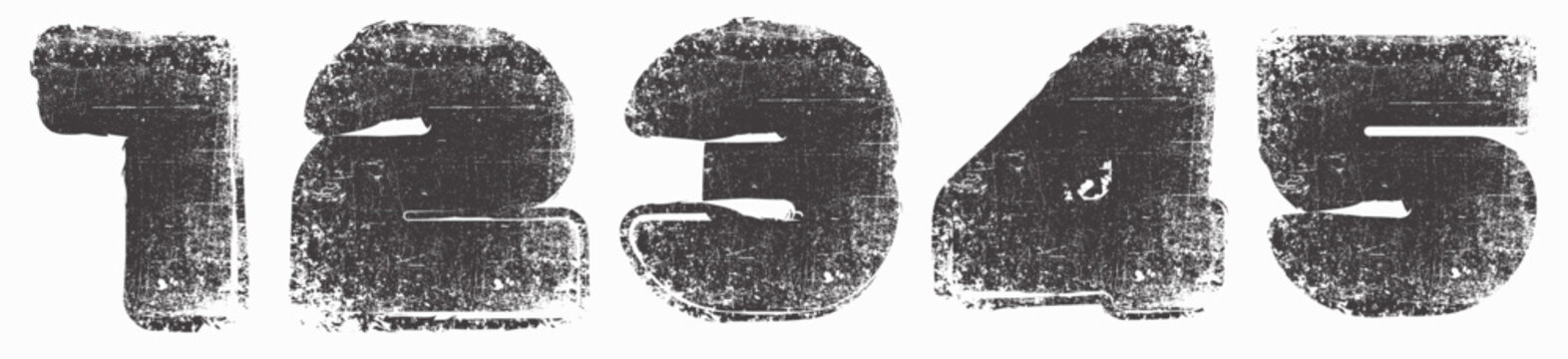 A grunge and cyberpunk vector font inspired by street art and urbanism. Simple, curved numbers 1, 2, 3, 4, 5. The effect of white paint splattered through a stencil. Posters, comics, and graffiti. 