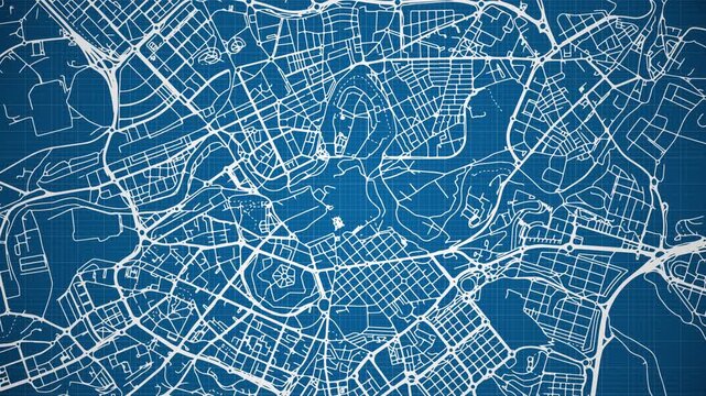 Ink reveal animation of Pamplona (Iru&ntilde;a) city, Spain (Espa&ntilde;a) grid map. Aerial top view. Blueprint style. White lines with blue background. 4K Seamless loop.