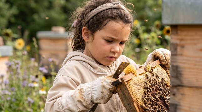 Young girl beekeeper inspecting honeycomb frame with bees in apiary