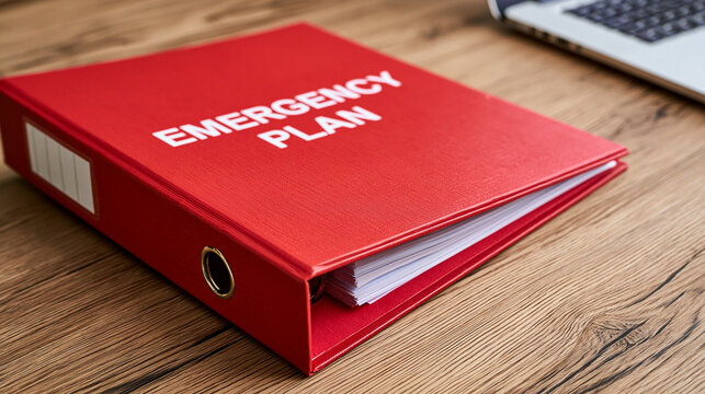 A bright red emergency plan binder rests on a wooden office desk next to a laptop. This image is ideal for corporate safety and disaster preparedness concepts.