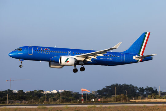 Luqa, Malta - August 18, 2026: ITA Airways Airbus A220-300 (REG: EI-HHJ) on finals runway 31.
