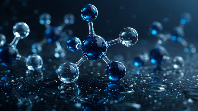 Blue molecular structure formed from glossy spheres on a dark reflective surface, illustrating chemistry, molecular science, nanotechnology, and research