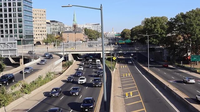 Cars Driving on Interstate 395 and Urban Highway Traffic in Washington DC