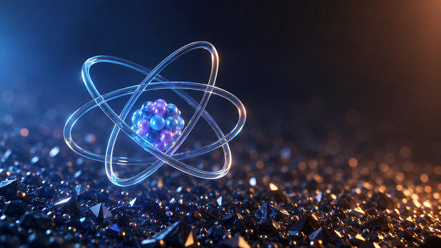 Colorful atomic structure glowing above a dark textured surface, illustrating particle physics, nuclear science, chemistry, quantum energy, and innovation