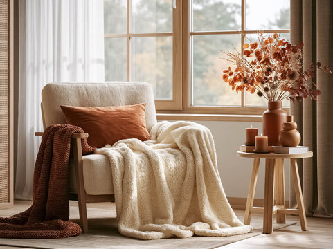 Cozy Armchair with Soft Knitted Blankets and Autumn Decor by Window in Warm Scandinavian Home Interior