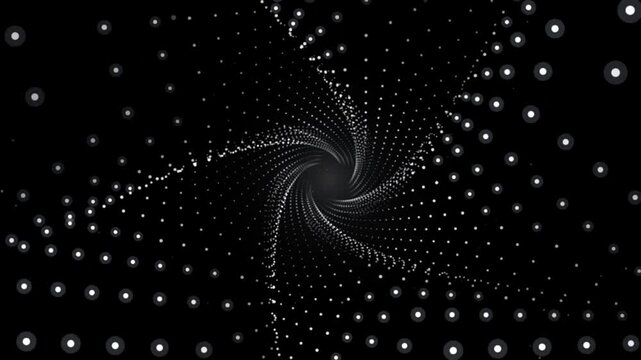Abstract spiral tunnel composed of white glowing dots moving in deep black digital space animation.