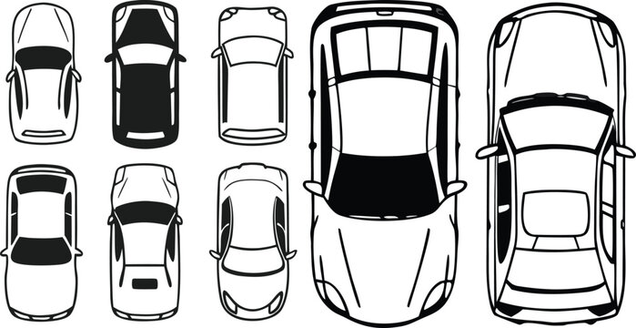 Set of Cars Top View Black and White Outline Vector Collection