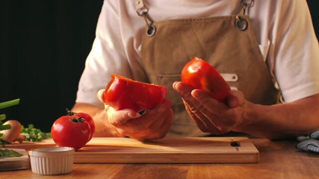 Man cut red paprika sweet pepper, Healthy food, Chef hands with knife for onion, cutting and preparation with cooking for dish. Restaurant, culinary service and cook with skills for catering