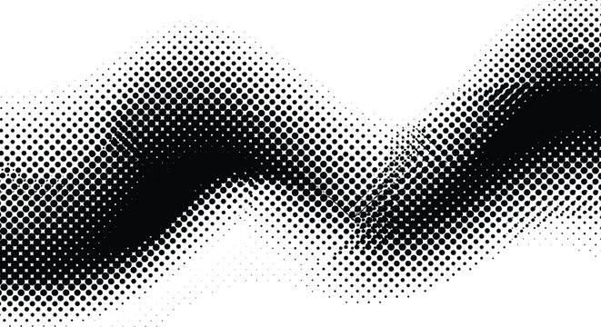 Monochrome halftone dotted illustration, abstract dynamic wave, ribbon pattern. Curved line with halftone effect, flud design. Vector minimalist background. Overlay template. Vector