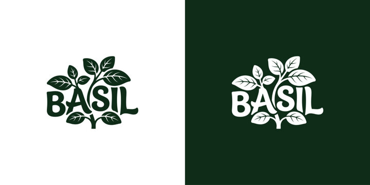 Dark green basil plant typographic logo design with leaves graphic