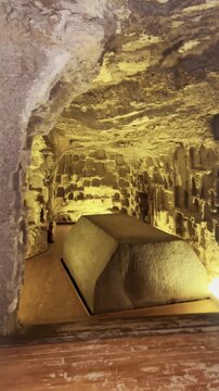 Catacombs and sarcophagi for the burial of mummies of sacred Apis bulls in the ancient Serapeum complex at Saqqara, Egypt.