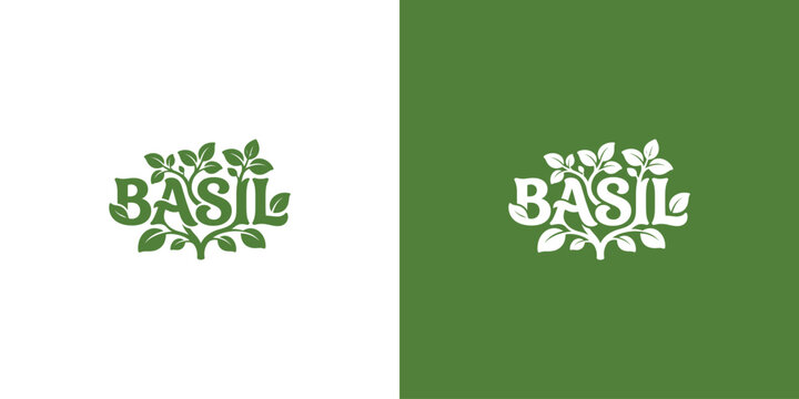 Green basil plant typographic logo design with leaves on background