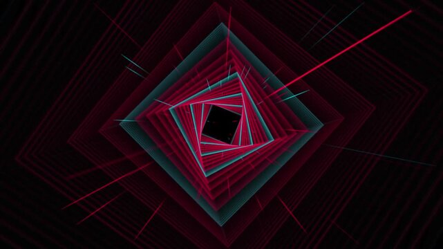 Abstract square tunnel motion loop with magenta and teal light rays in a dark digital background.
