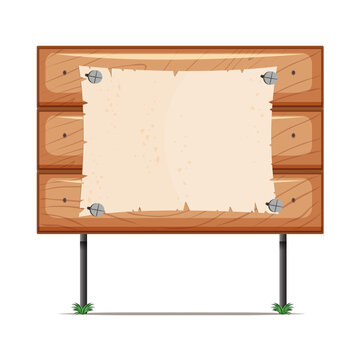 Cartoon wooden sign board with empty parchment paper pinned to planks transparent background