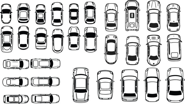 Set of Cars Top View Black and White Outline Vector Collection