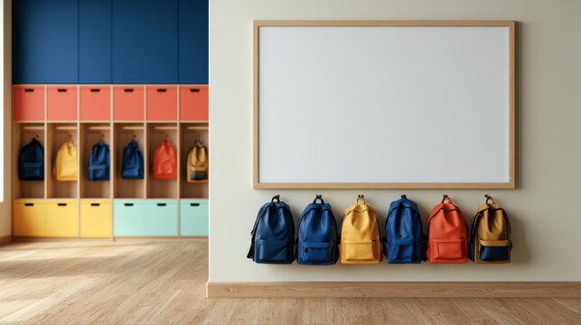 Classroom daily schedule template mockup with large blank framed board, colorful backpacks and organized cubby storage in modern school interior