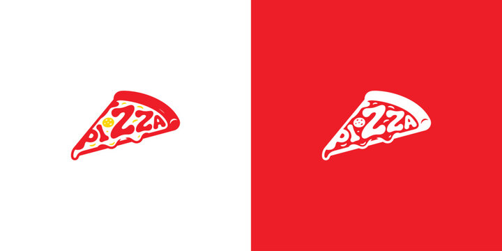 Pizza slice typography logotype concept with red and white colors