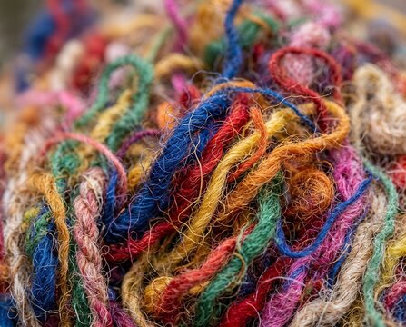 Colorful yarn strands in a tangled ball for crafting projects  