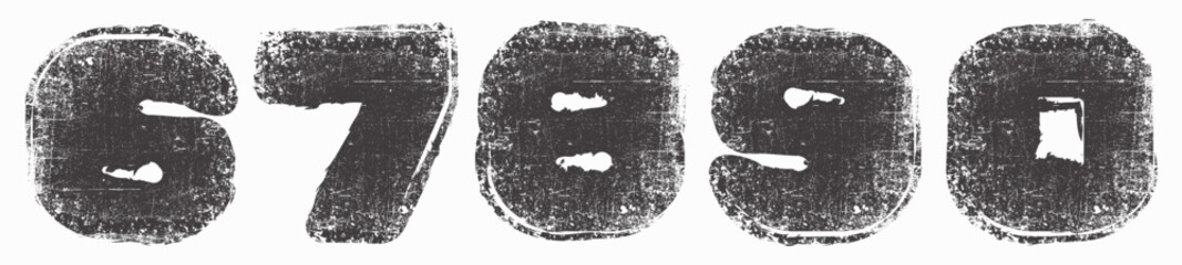 Fototapeta premium A grunge and cyberpunk vector font inspired by street art and urbanism. Simple, curved numbers 6, 7, 8, 9, 0. The effect of white paint splattered through a stencil. Posters, comics, and graffiti.