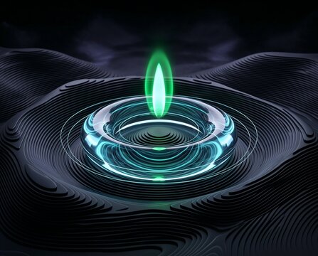 Abstract glowing green flame in a circular water ripple  
