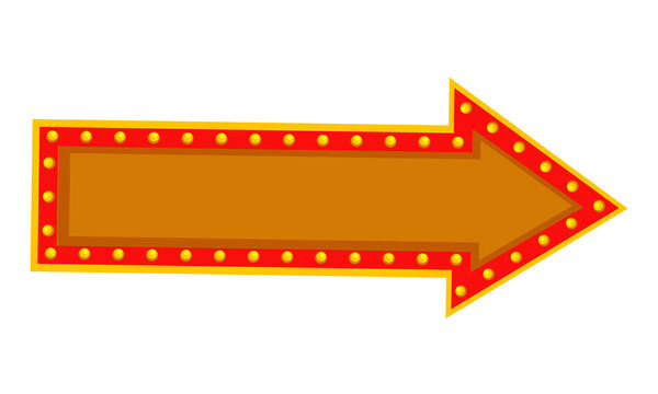 Isolated red and orange arrow sign with yellow light bulbs for directional signage transparent background