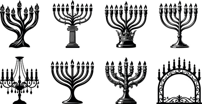 A collection of eight intricate hanukkah menorah designs representing the festival of lights presented as an isolated object isolated on transparent background