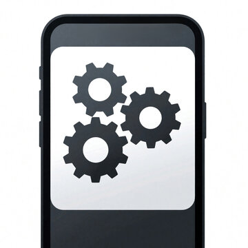 Smartphone screen displays three black gear icons. Mobile device settings menu with mechanical cogs symbol. Digital interface for app configuration, system optimization. Concept of tech maintenance,