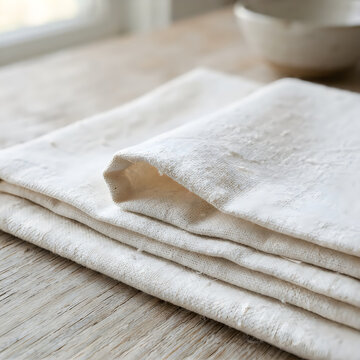 Folded white cotton kitchen towels stacked neatly on a rustic wooden table surface with folded cloth table linen textile fabric home interior cleaning rag