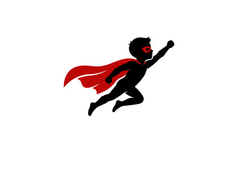 Little superhero boy flying fast in a vibrant red cape isolated as flat vector graphic illustration