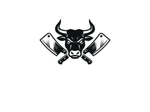 Bull head mascot illustration featuring crossed professional meat cleaver blades in a bold vintage style design